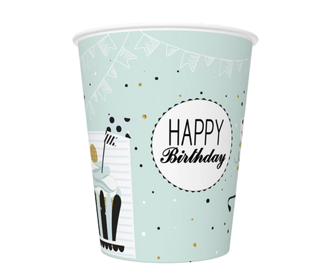 POLMAK Paper cups Mint and Happy B-day, 250 ml, 8 pcs