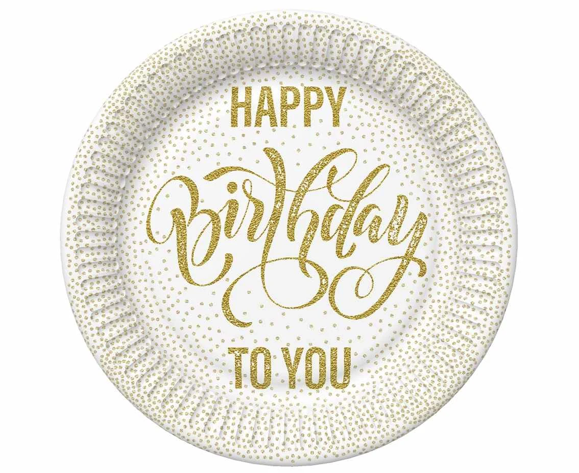 POLMAK Happy Birthday Dotted Gold paper plates, 23 cm, 8 pcs.