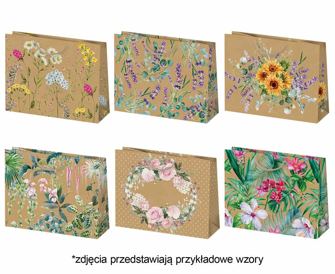 POLMAK Kraft decorative bag T6EK 300x23x100 No. 49 Flowers - Exotic, Leaves, Mix, Kraft paper, 1 pcs.