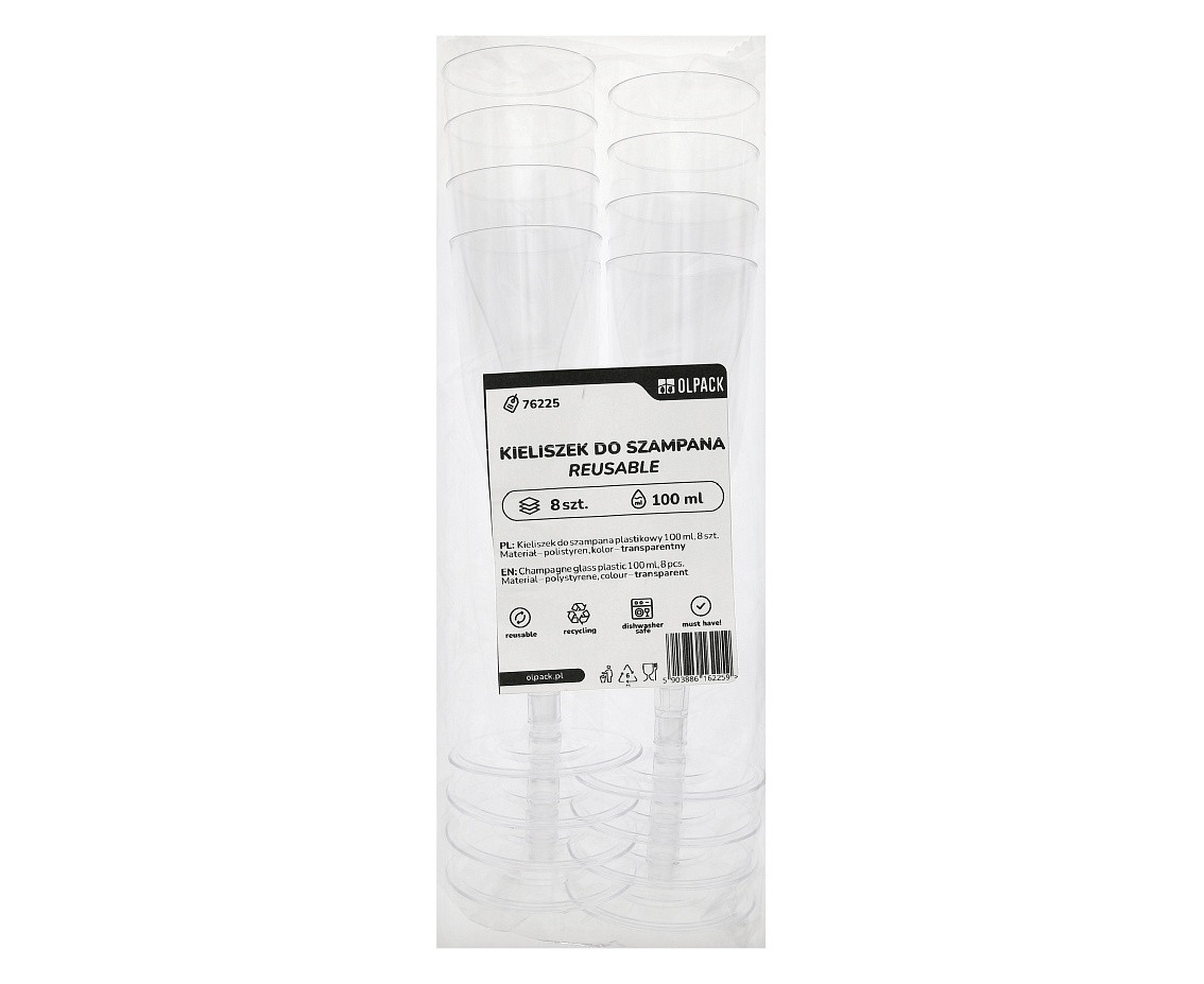 Champagne glasses, reusable, transparent, 8 pcs.