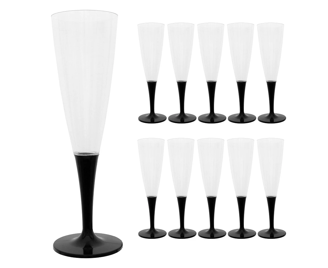 Champagne glasses, reusable, black leg, 10 pcs.