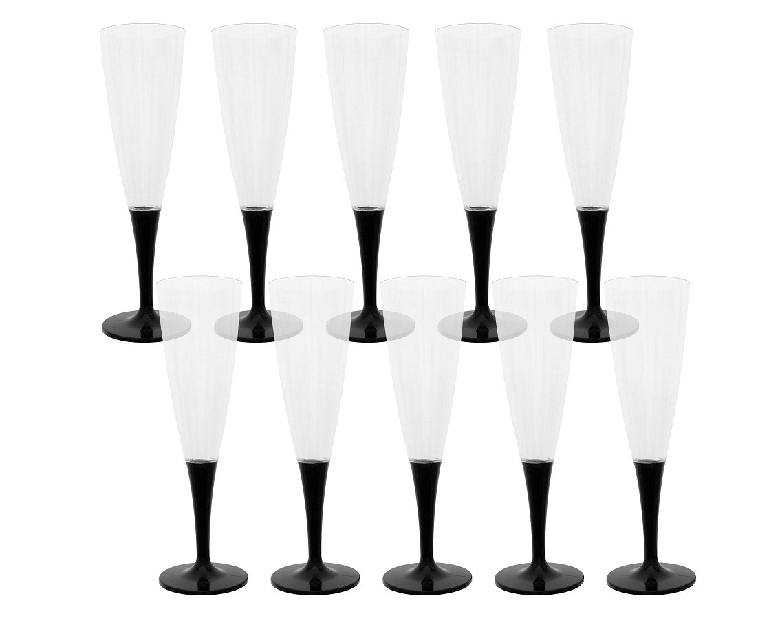 Champagne glasses, reusable, black leg, 10 pcs.