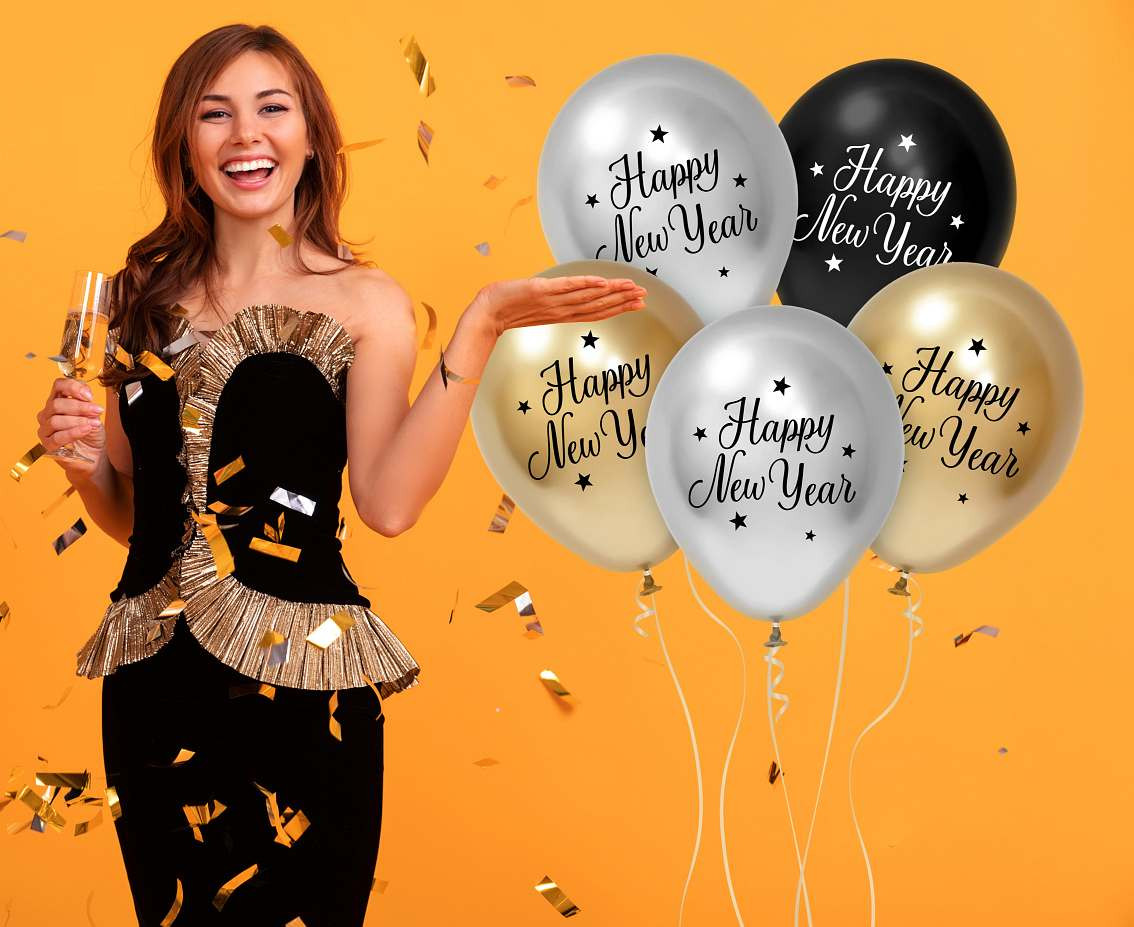 Balloons B&C 12", Happy New Year, gold, silver and black 5pcs