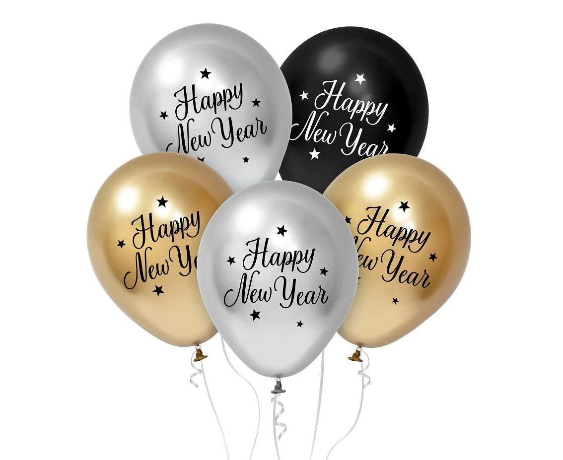 Balloons B&C 12", Happy New Year, gold, silver and black 5pcs