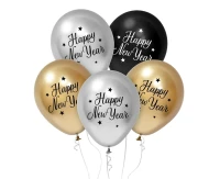 Balloons B&C 12", Happy New Year, gold, silver and black 5pcs