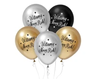 Balloons B&C 12",  "Witamy Nowy Rok", silver, gold and black 5pcs