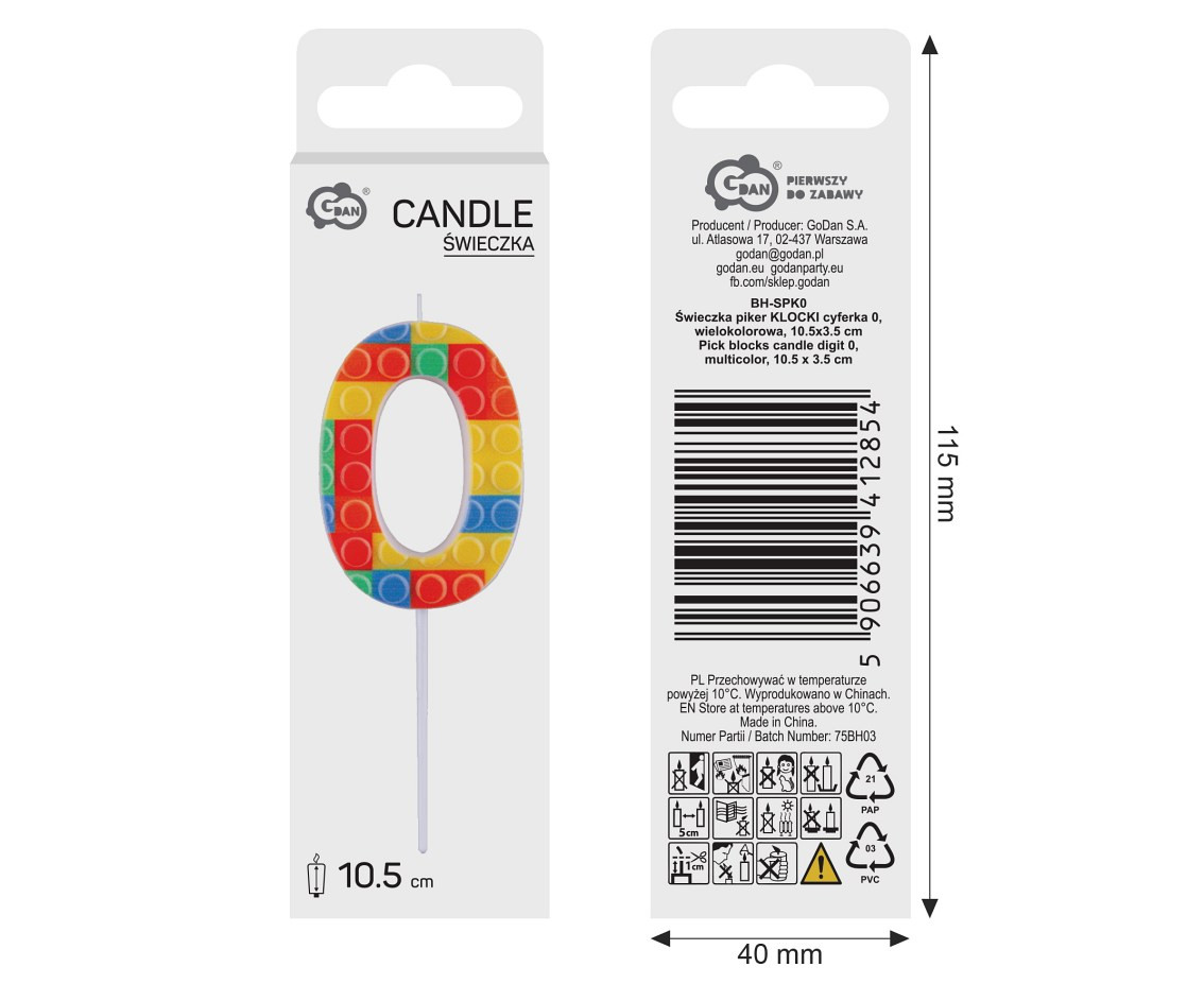 Pick blocks candle digit 0, multicolor, total length 10,5 cm