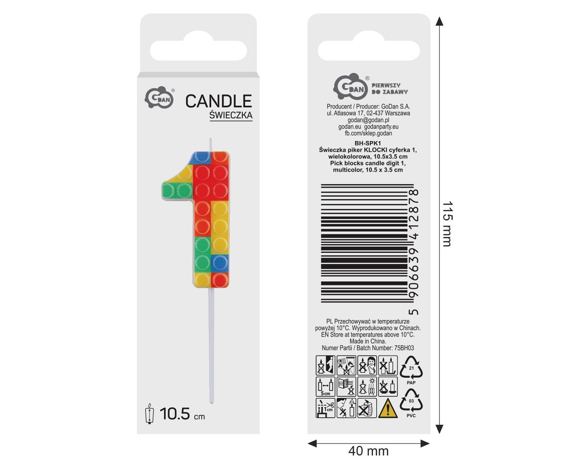 Pick blocks candle digit 1, multicolor, total length 10,5 cm
