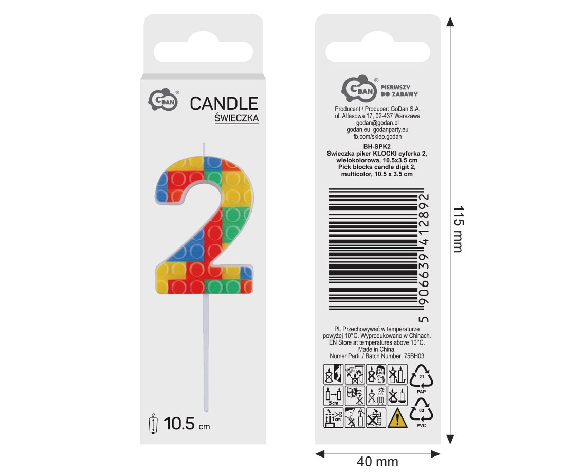 Pick blocks candle digit 2, multicolor, total length 10,5 cm