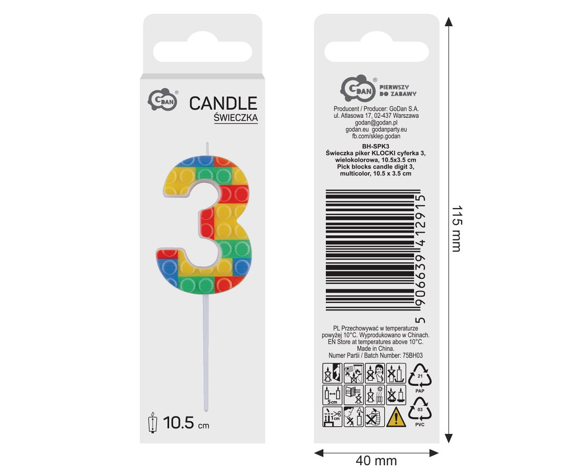 Pick blocks candle digit 3, multicolor, total length 10,5 cm