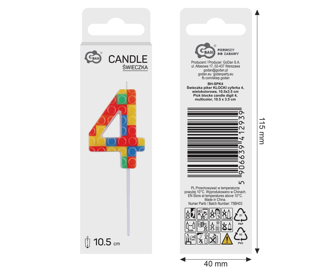 Pick blocks candle digit 4, multicolor, total length 10,5 cm