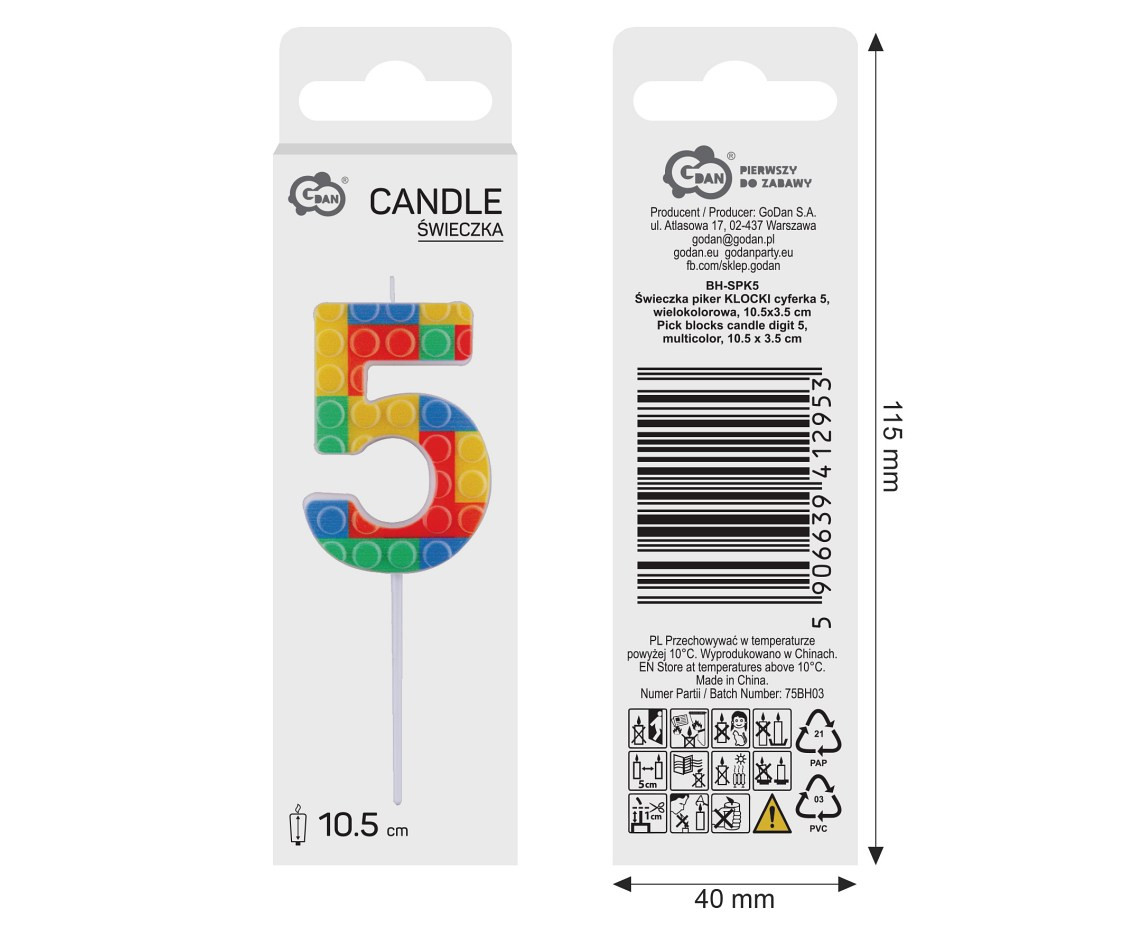 Pick blocks candle digit 5, multicolor, total length 10,5 cm