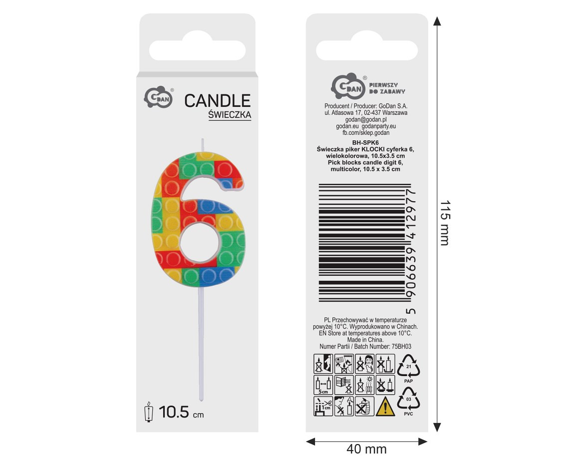 Pick blocks candle digit 6, multicolor, total length 10,5 cm