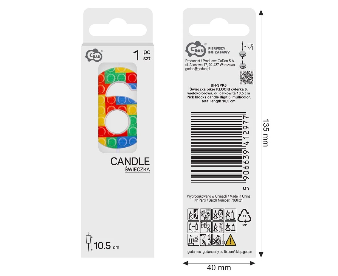 Pick blocks candle digit 6, multicolor, total length 10,5 cm
