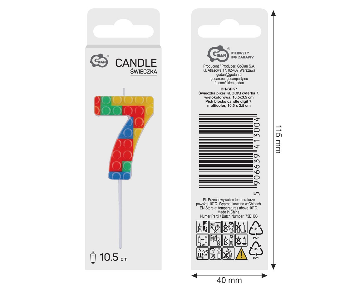 Pick blocks candle digit 7, multicolor, total length 10,5 cm