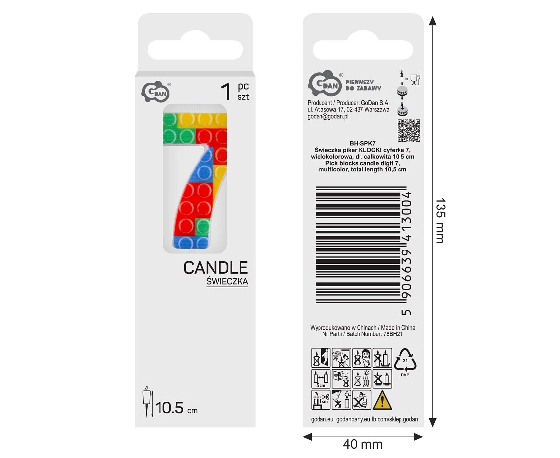 Pick blocks candle digit 7, multicolor, total length 10,5 cm