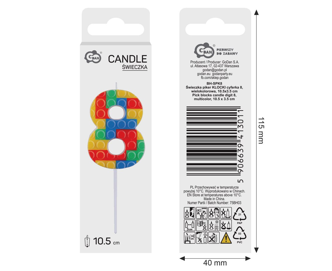 Pick blocks candle digit 8, multicolor, total length 10,5 cm