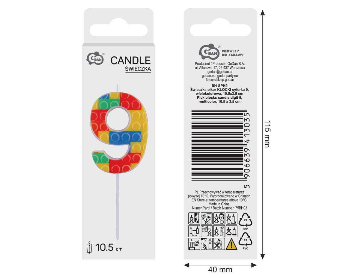 Pick blocks candle digit 9, multicolor, total length 10,5 cm