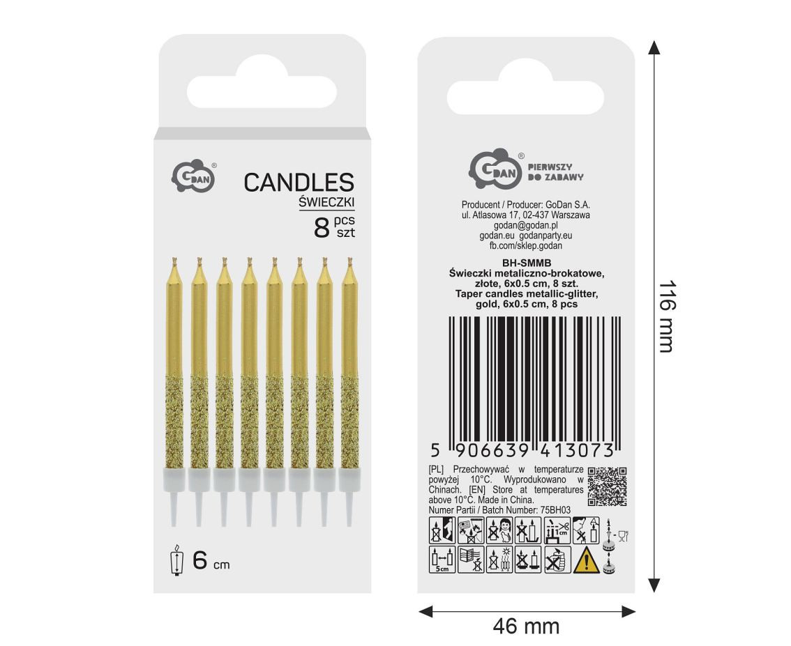 Taper candles metallic-glitter, gold, 6 x 0.5 cm, 8 pcs