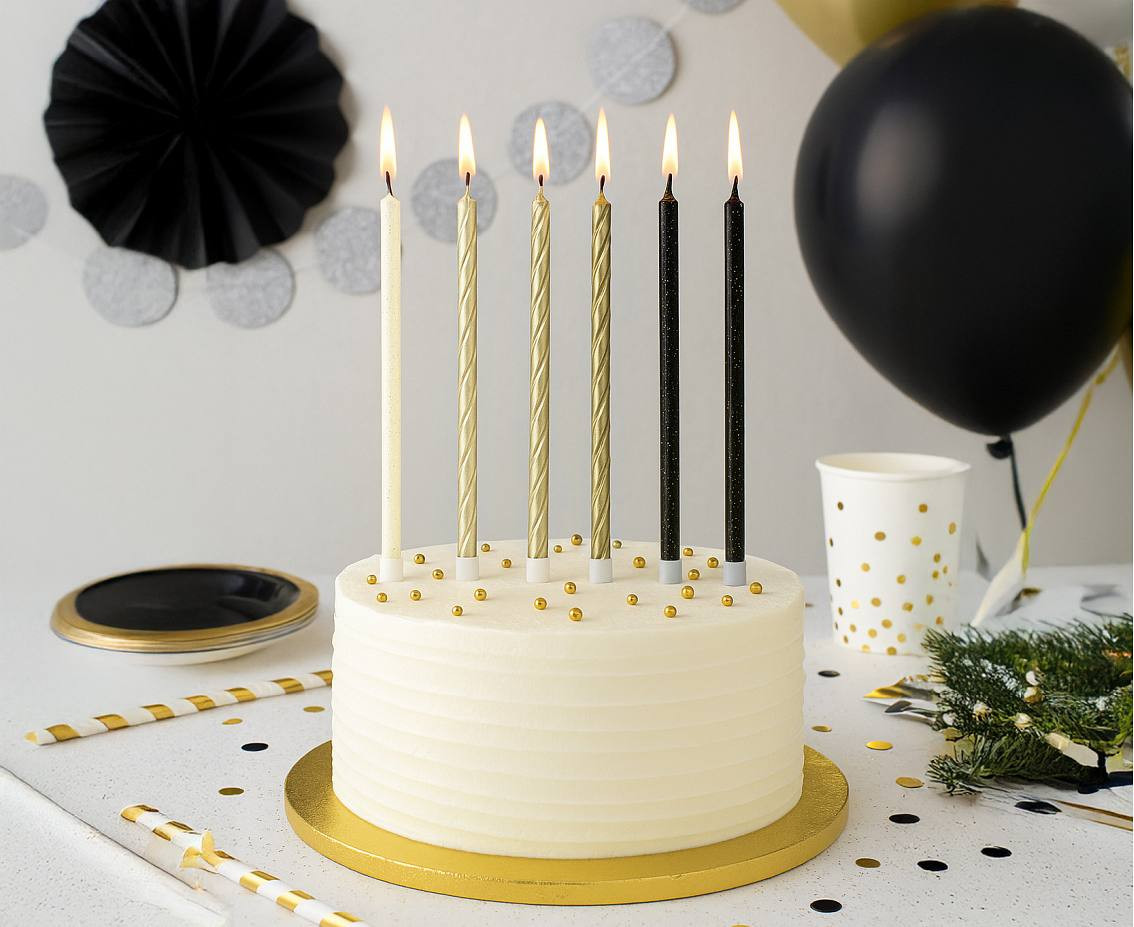 Taper candles metallic-glitter, black/ white /gold, 15.5 cm, 12 pcs