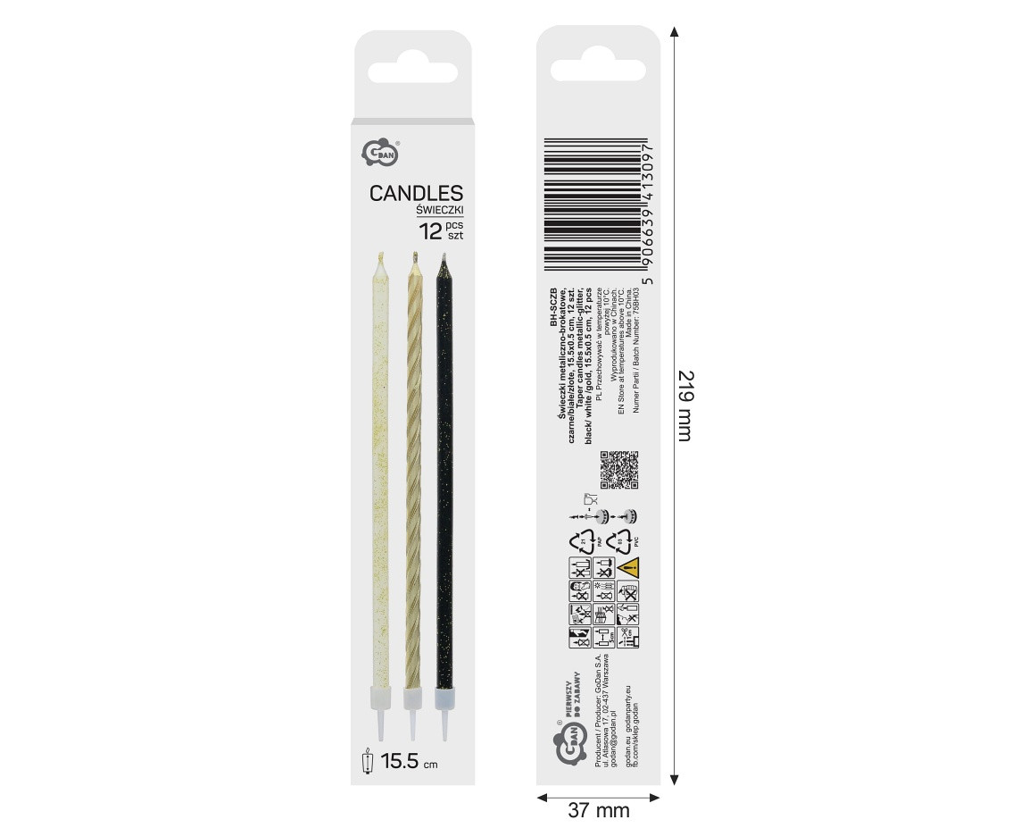 Taper candles metallic-glitter, black/ white /gold, 15.5 cm, 12 pcs