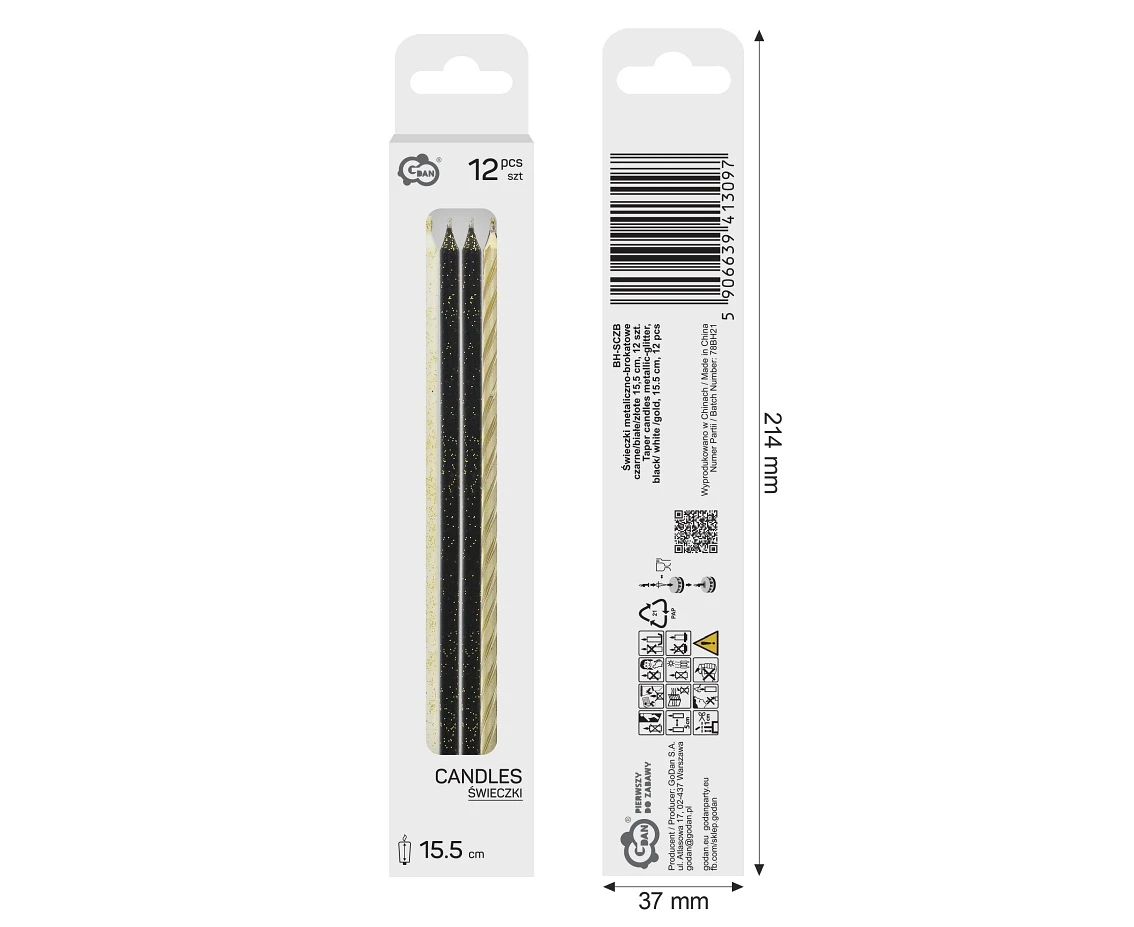 Taper candles metallic-glitter, black/ white /gold, 15.5 cm, 12 pcs