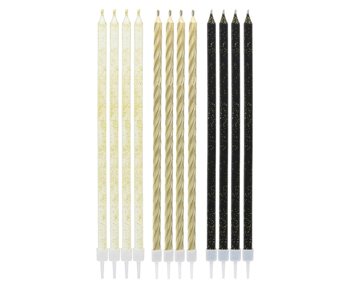Taper candles metallic-glitter, black/ white /gold, 15.5 cm, 12 pcs