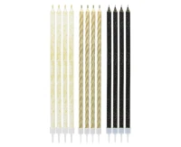 Taper candles metallic-glitter, black/ white /gold, 15.5 cm, 12 pcs
