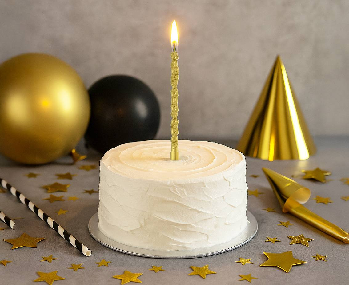 Taper candle Happy Birthday, metallic gold, 11,5 cm, 1 pc