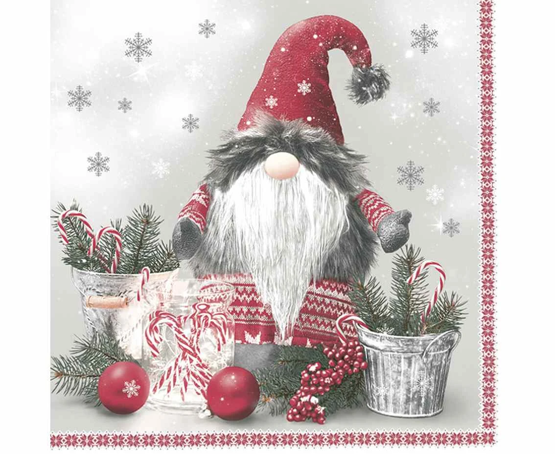 POLMAK Paper napkins Scandinavian Gnome with Candy Canes, 33x33 cm, 20 pcs