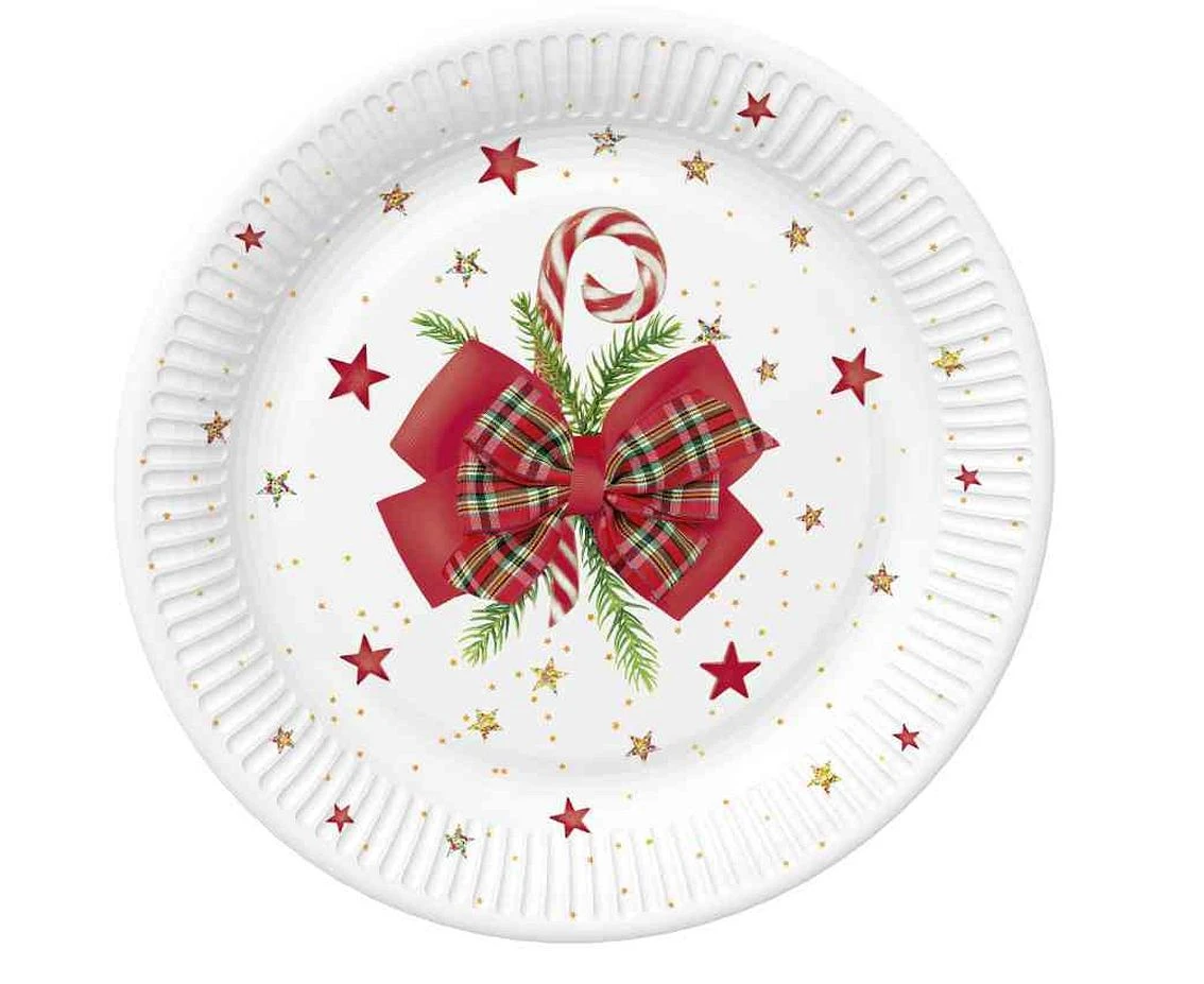 POLMAK Paper plates Checked Bow with Candy Cane, 22 cm, 8 pcs