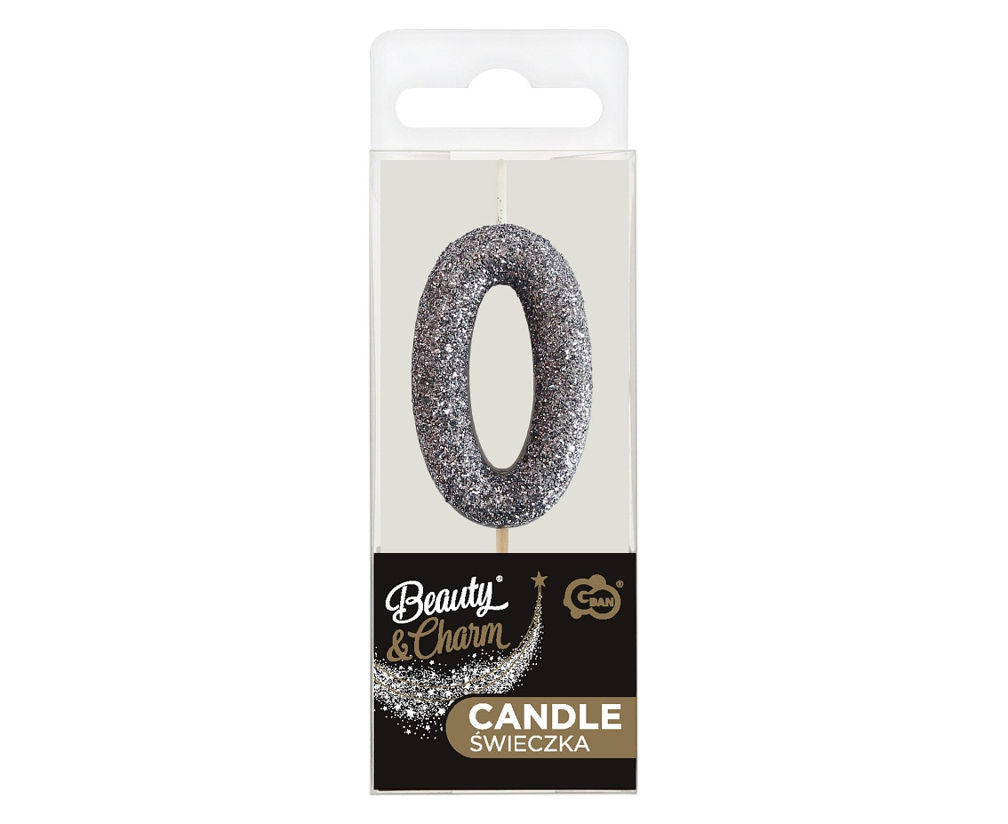 B&C pick candle digit 0, silver bio glitter, total lenght 11,5 cm (old verion)