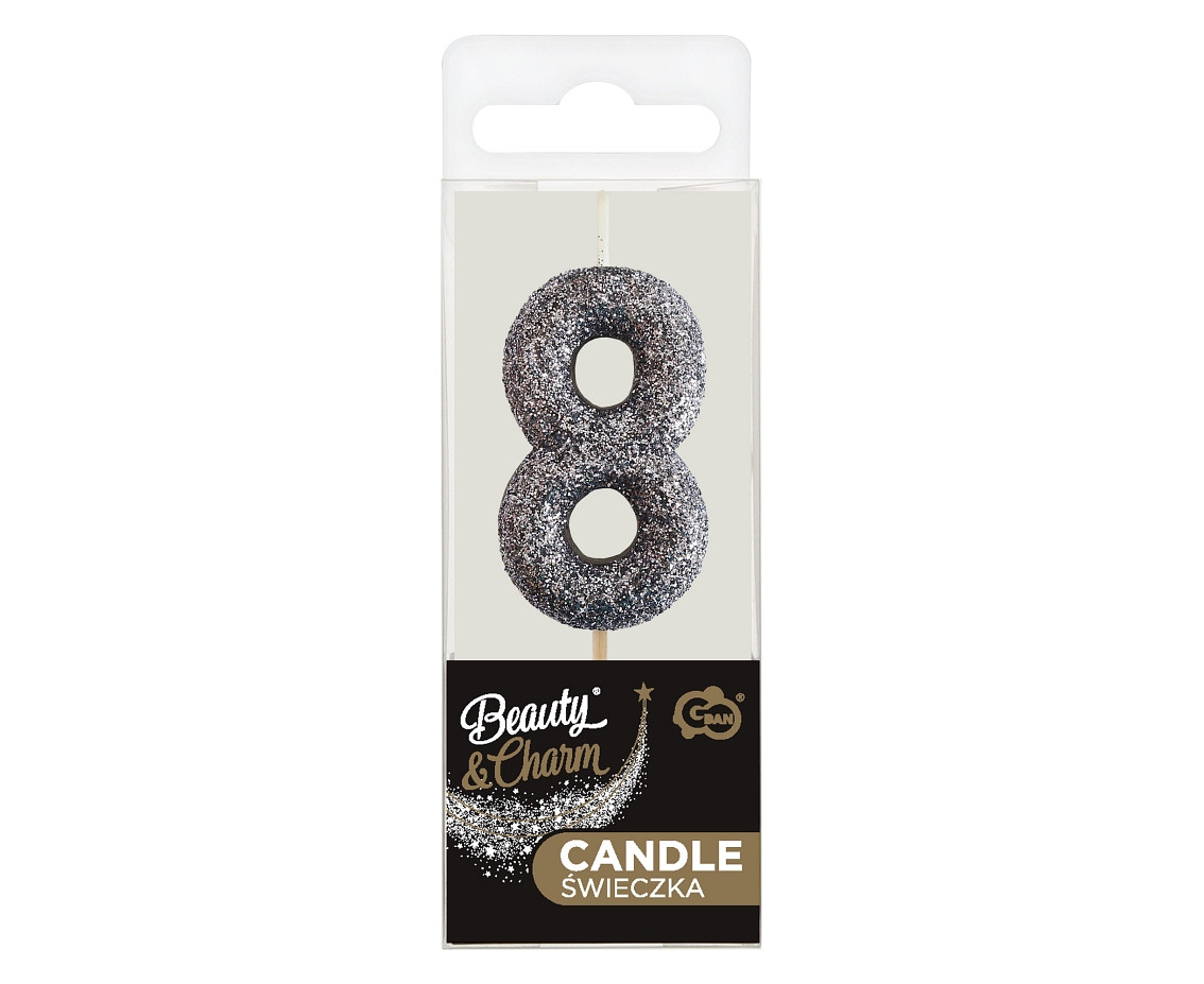 B&C pick candle digit 8, silver bio glitter, total lenght 11,5 cm (old version)