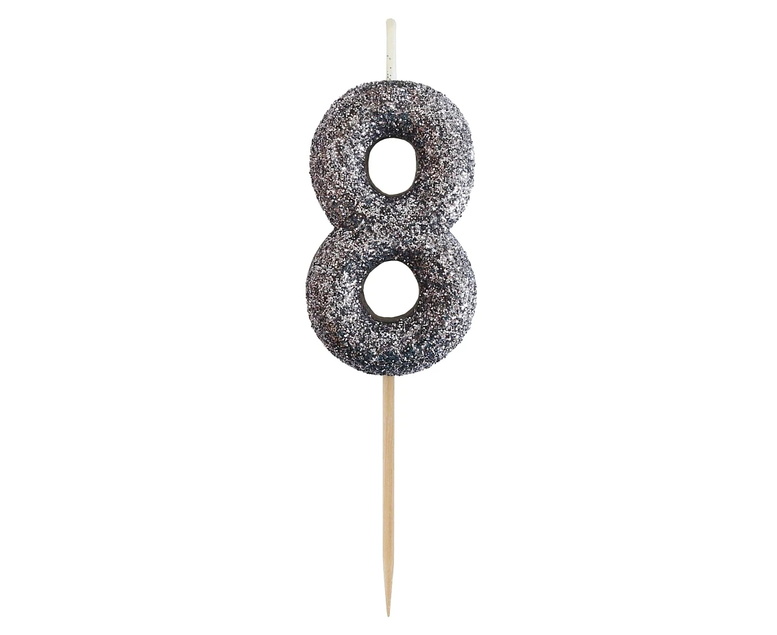 B&C pick candle digit 8, silver bio glitter, total lenght 11,5 cm (old version)