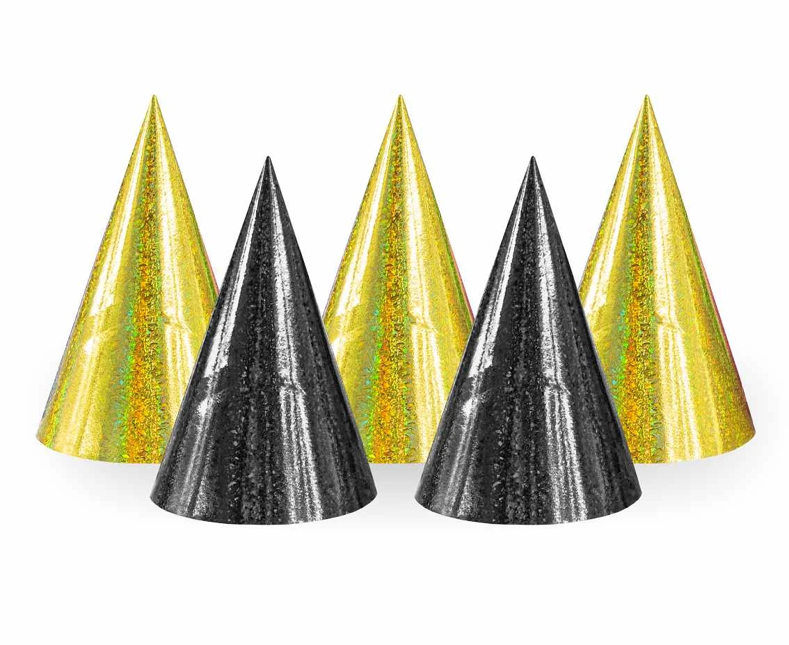 Set of paper holographic hats: 3 gold + 2 black