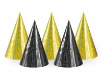 Set of paper holographic hats: 3 gold + 2 black