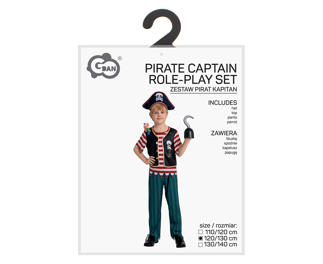 Role play set for kids Pirate Captain (hat, top, pants, parrot), size 120/130 cm
