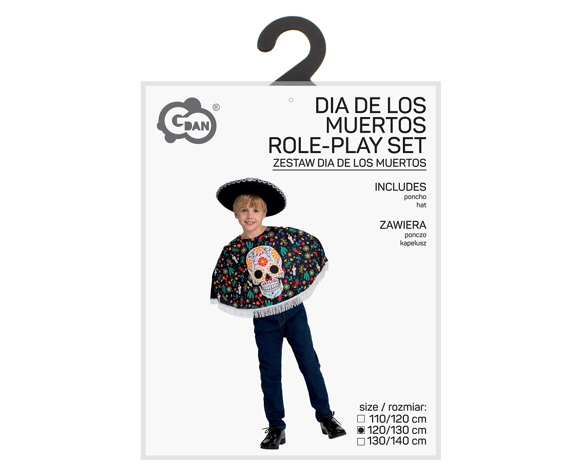 Role play set for kids Dia de los Muertos (poncho, hat), size 120/130 cm