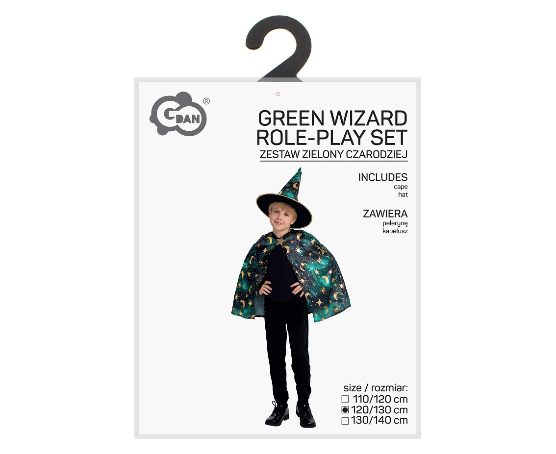 Role play set for kids Green Wizard (cape, hat), size 120/130 cm