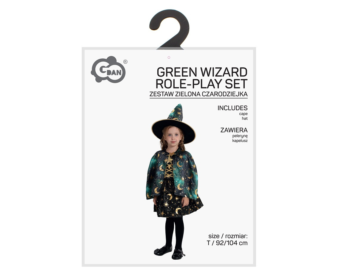 Role play set for kids Green Wizard (cape, hat), size 92/104 cm