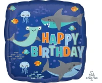 Foil balloon 18" square Happy birthday sharks EOL