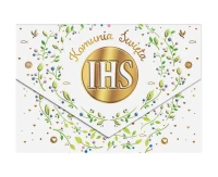 Greeting card A5 COMMUNION IHS LEAVES