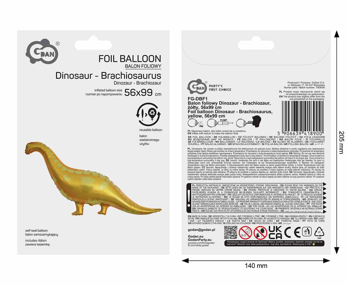 Foil balloon  Brachiosaurus Dinosaur , Yellow, 99x56cm