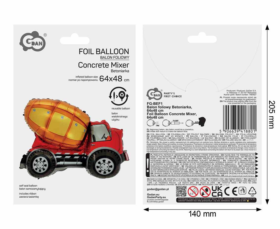 Foil balloon  Concrete Mixer , 67x47cm