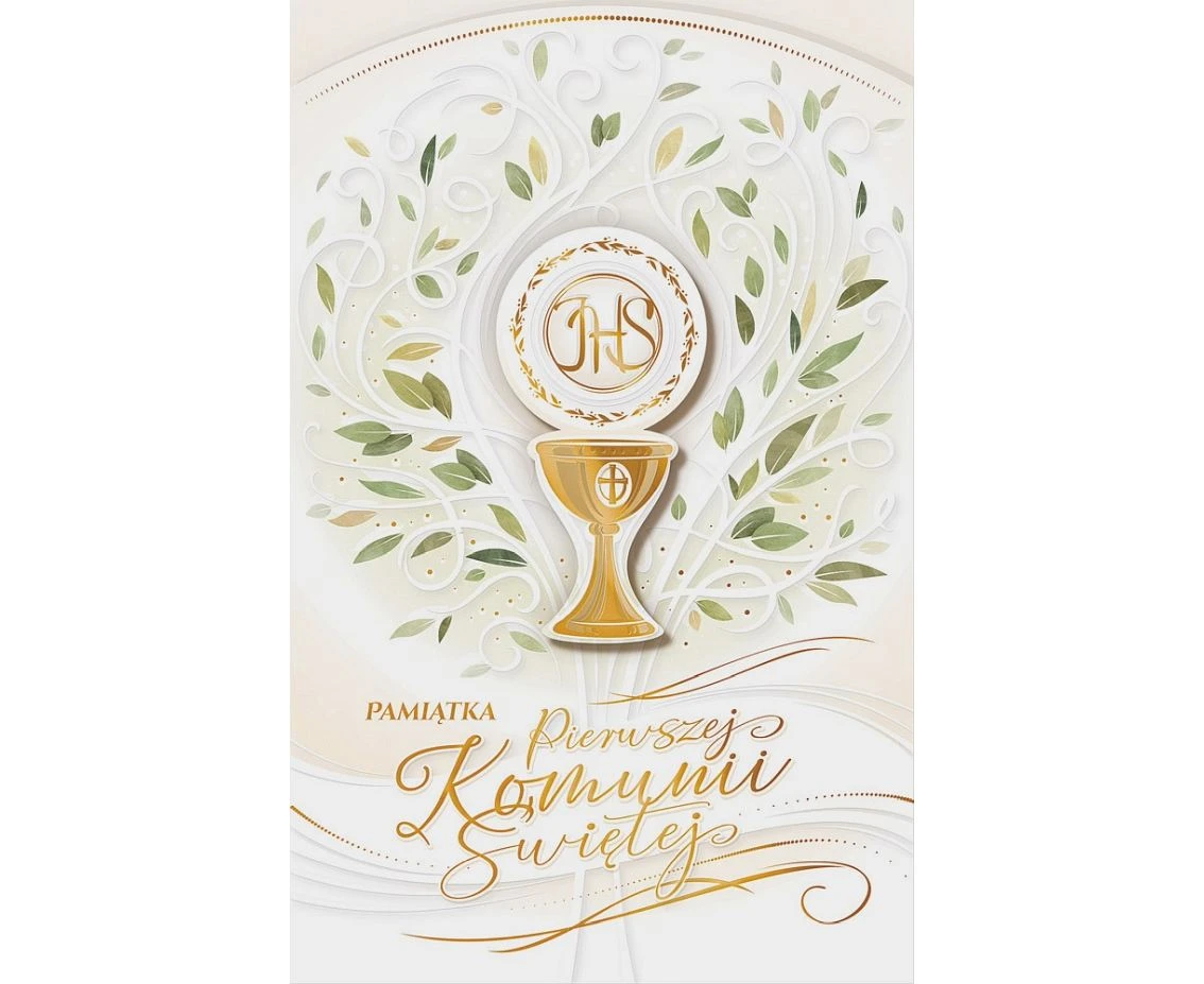Communion Card, IHS Chalice Green Leaves