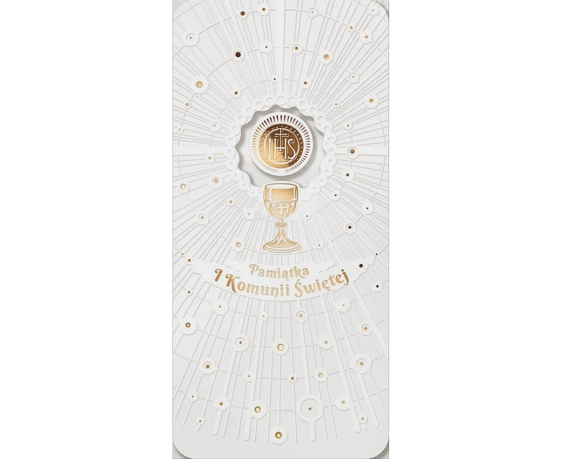 Modern communion card, IHS white and gold