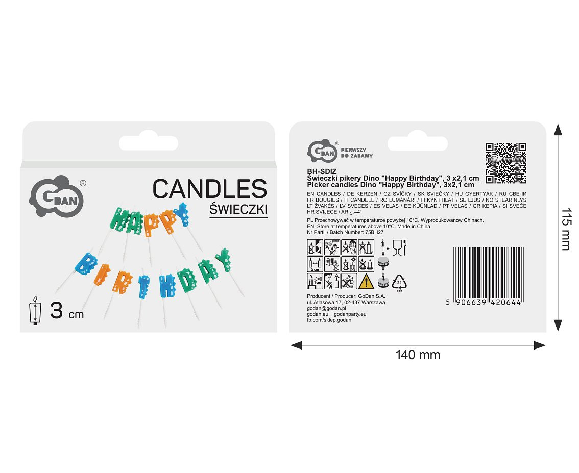 Picker candles Dino "Happy Birthday", 3x2,1 cm
