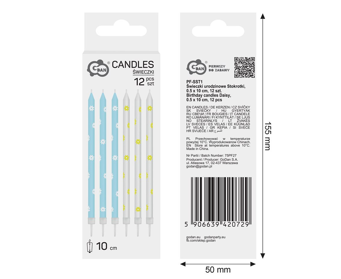 Birthday candles Daisy, 0.5 x 10 cm, 12 pcs.