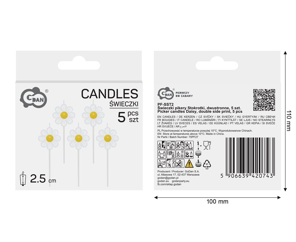 Picker candles Daisy, double side print, total length 7,5 cm, 5 pcs.