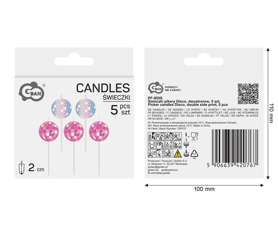 Picker candles Disco, double side print, total length 7 cm, 5 pcs.